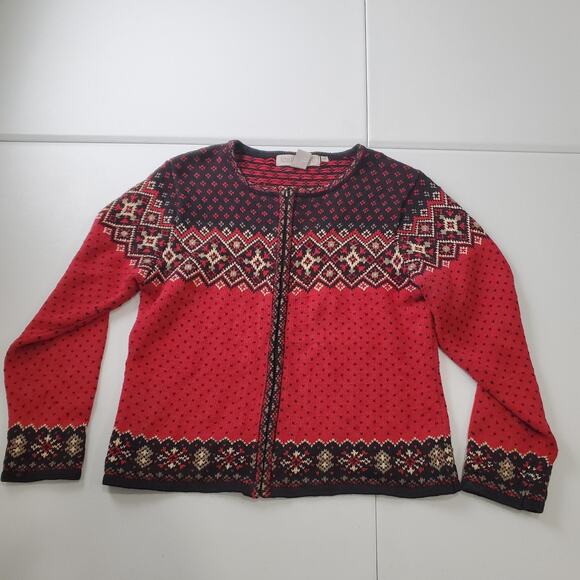 Nomadic Traders Sweater Womens Medium Red Black Fair Isle Cardigan Nordic - Picture 1 of 8